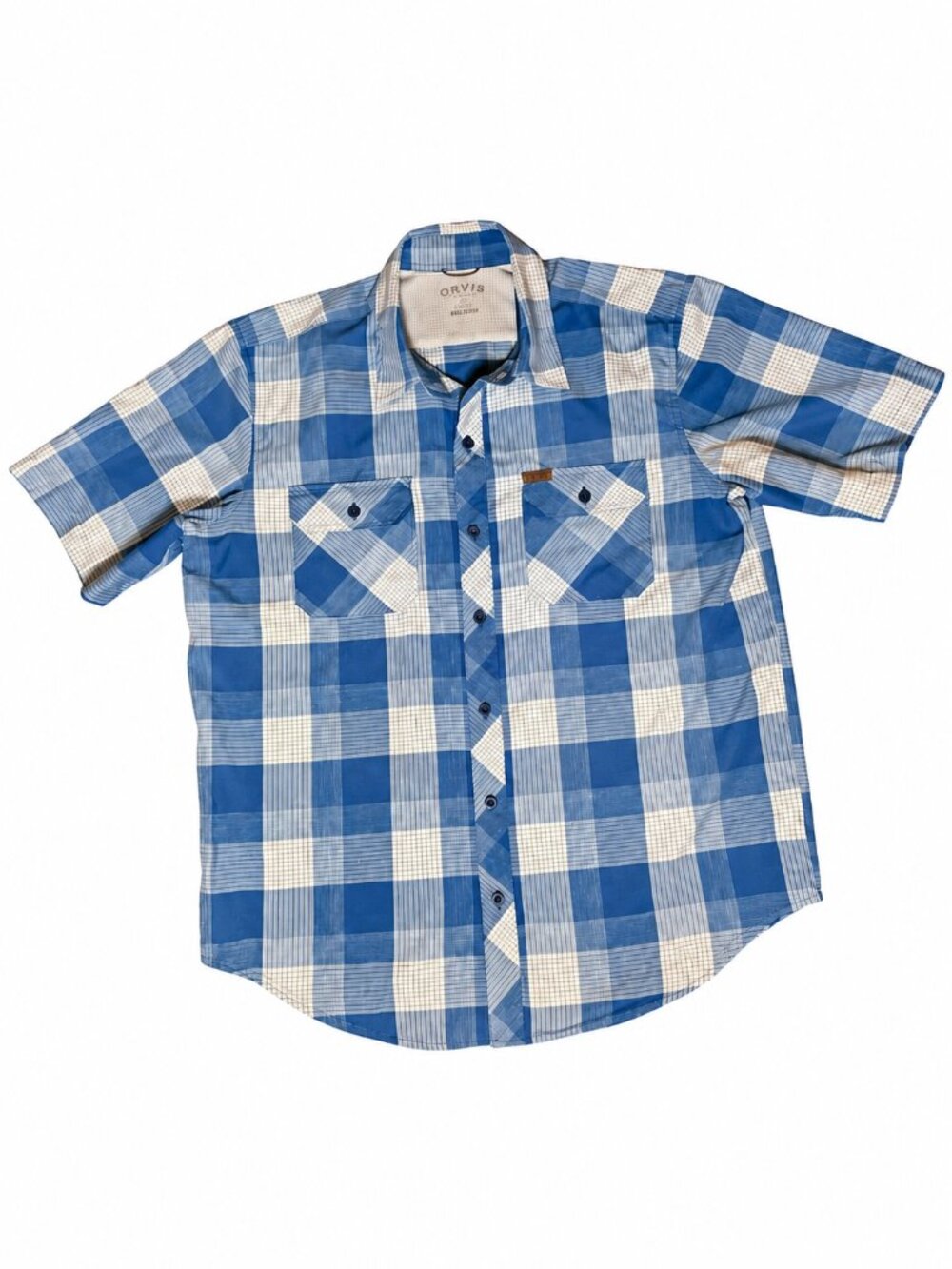 Orvis Performance Shirt Men’s L Blue Plaid Short Sleeve Hiking Fishing Outdoor